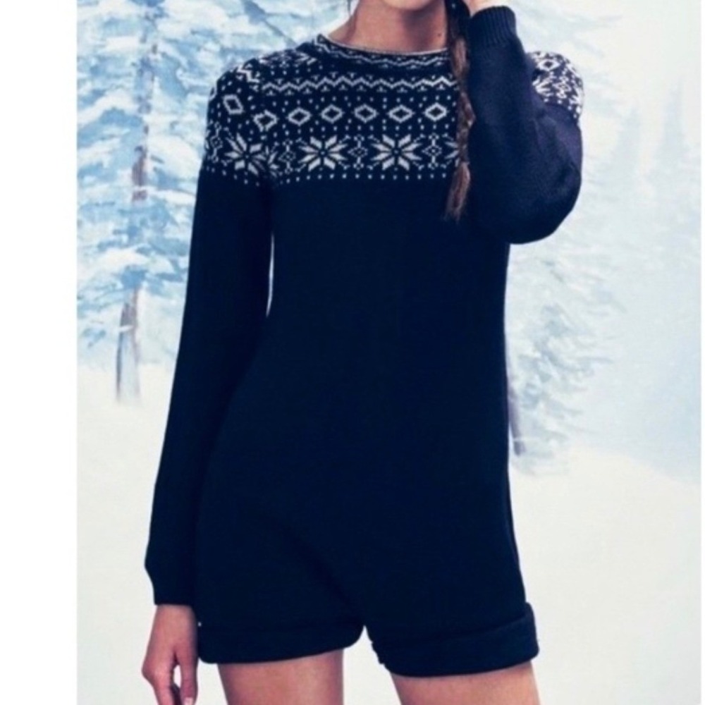 For Love & Lemons FL&L Black Fair Isle Knitz Long Sleeve Romper Jumper Women's